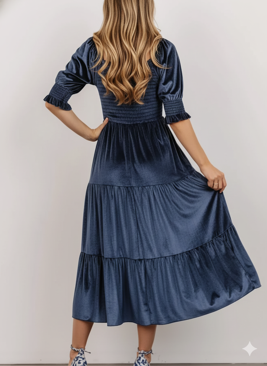 Velvet Smocked Tiered Midi Dress