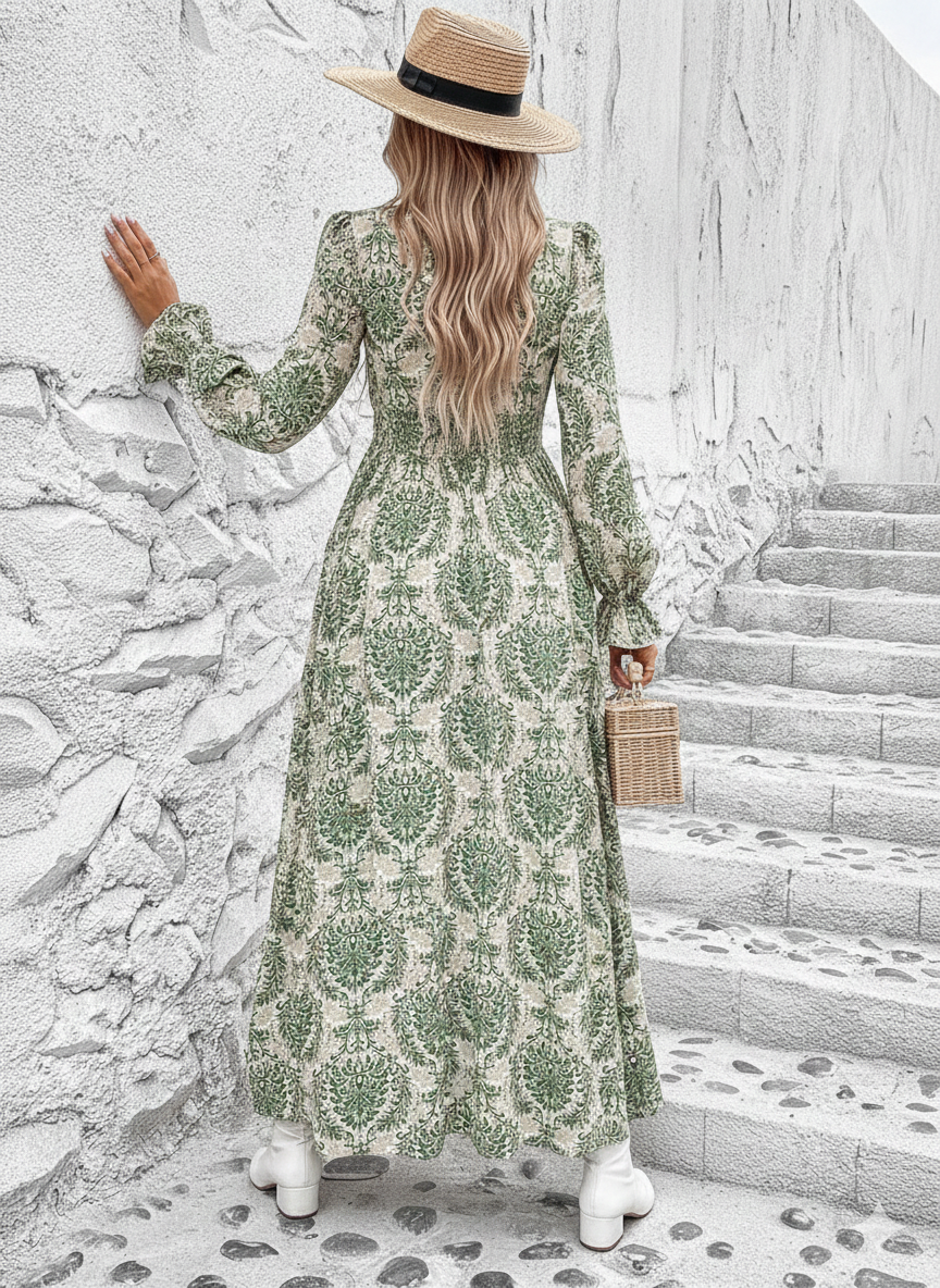 Smocked Printed V-Neck Flounce Sleeve Dress