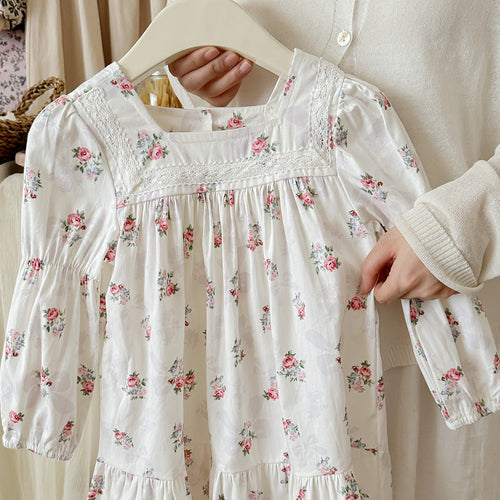 Girls Fashion Floral Long Sleeves Square Neck Dress