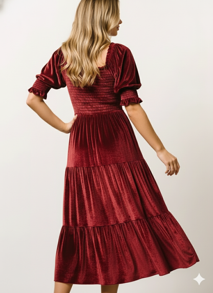 Velvet Smocked Tiered Midi Dress
