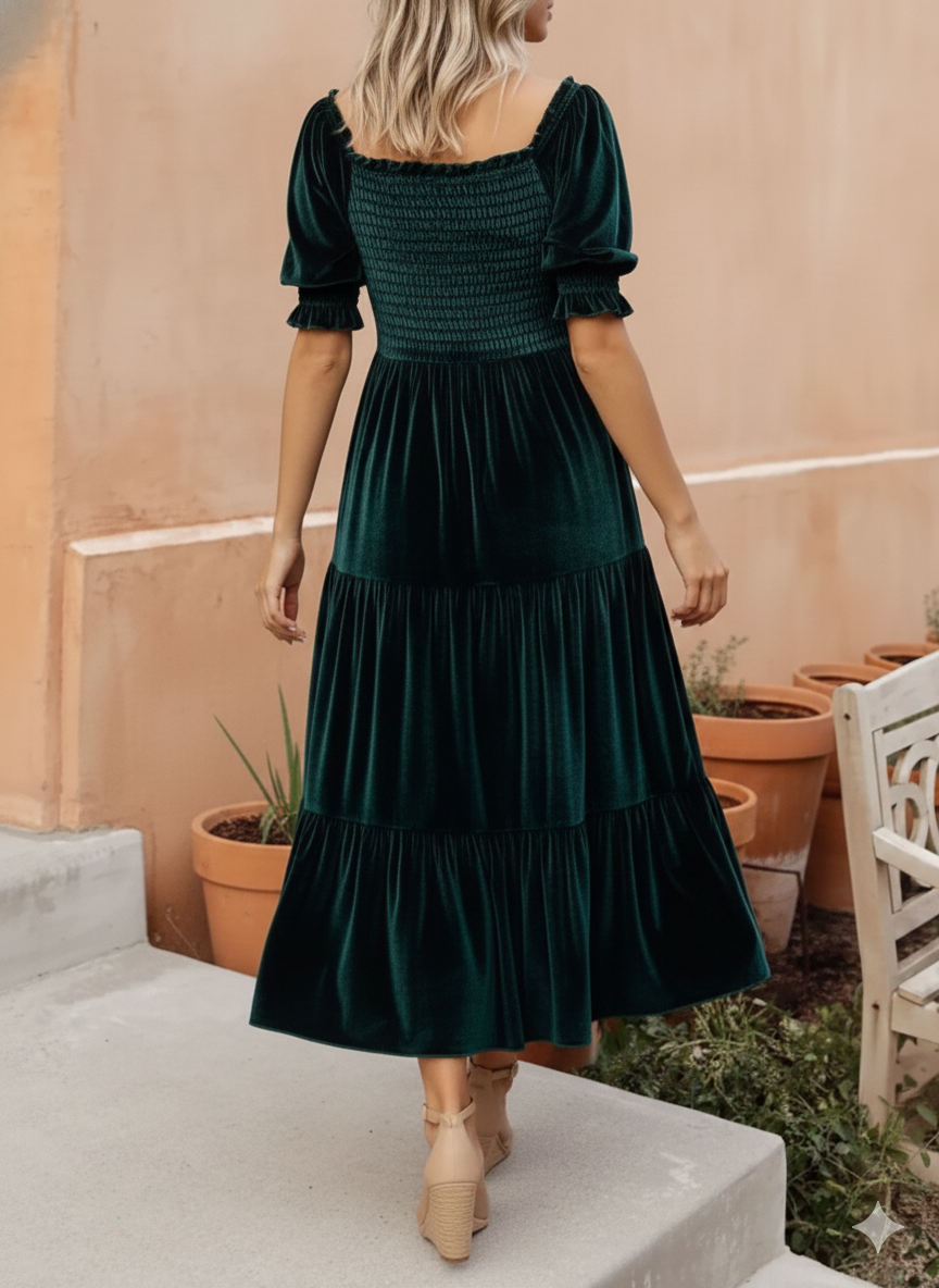 Velvet Smocked Tiered Midi Dress