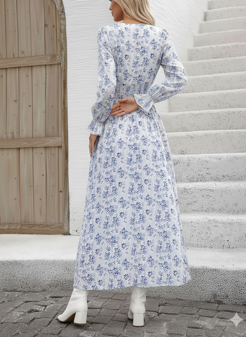 Smocked Printed V-Neck Flounce Sleeve Dress