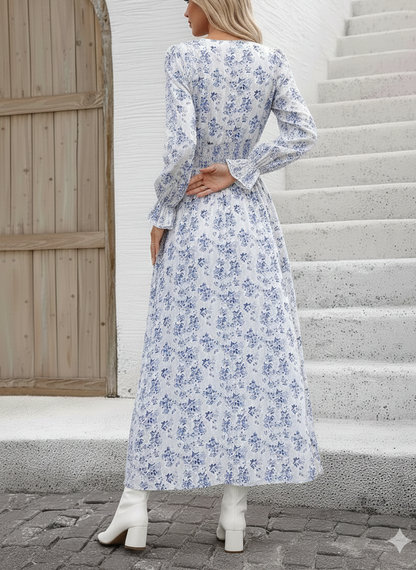 Smocked Printed V-Neck Flounce Sleeve Dress