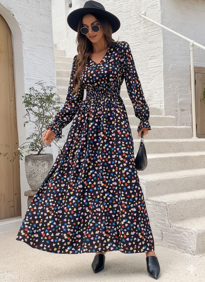 Smocked Printed V-Neck Flounce Sleeve Dress