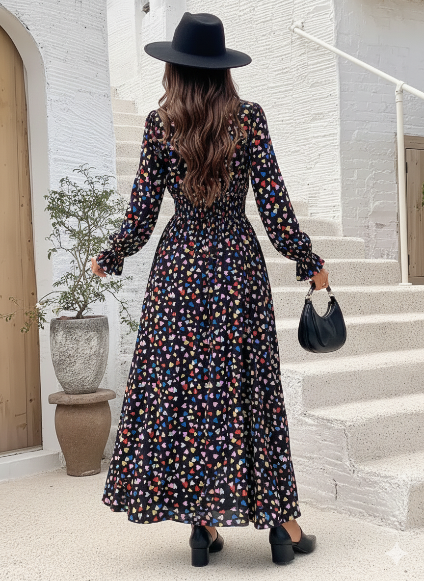 Smocked Printed V-Neck Flounce Sleeve Dress