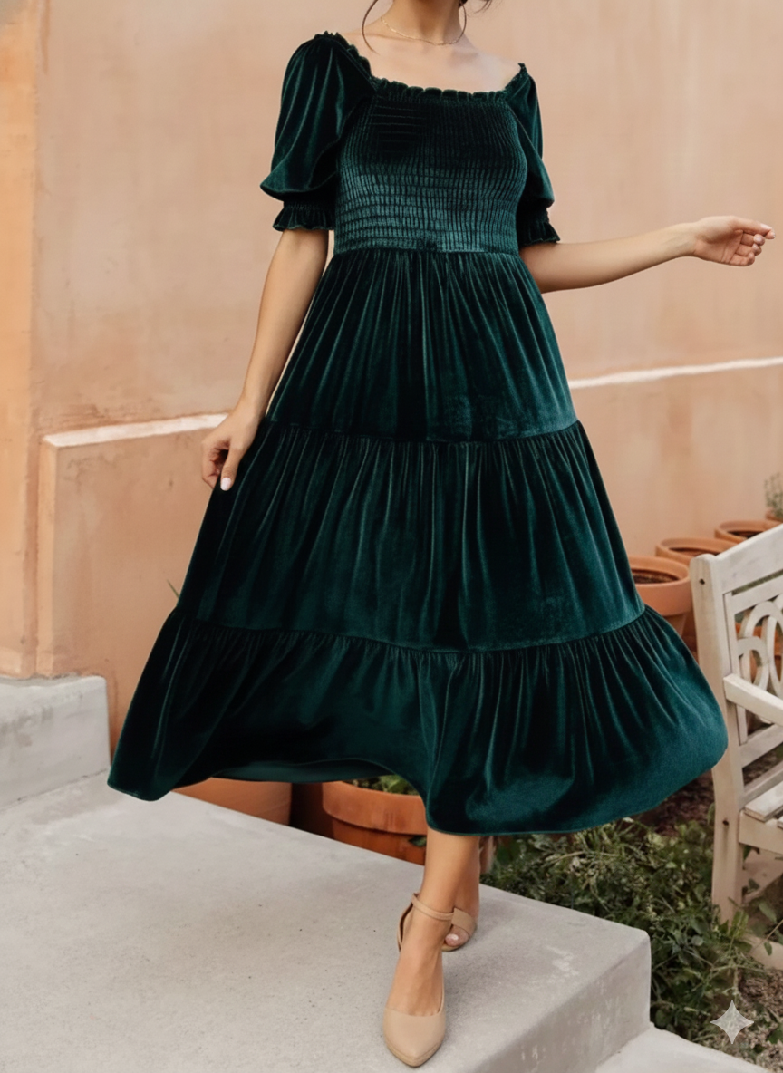Velvet Smocked Tiered Midi Dress