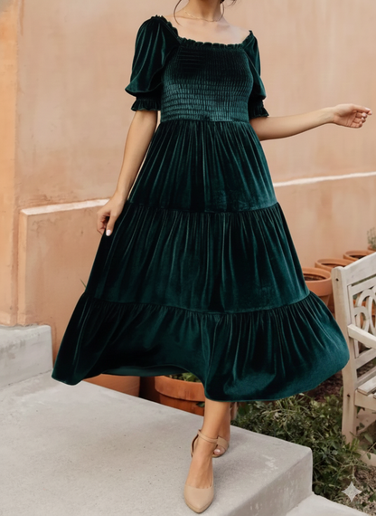 Velvet Smocked Tiered Midi Dress