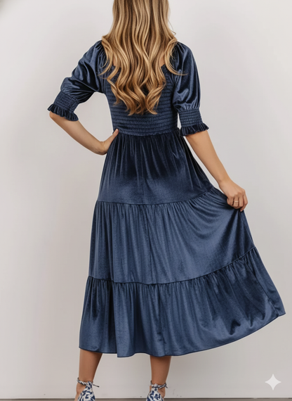 Velvet Smocked Tiered Midi Dress