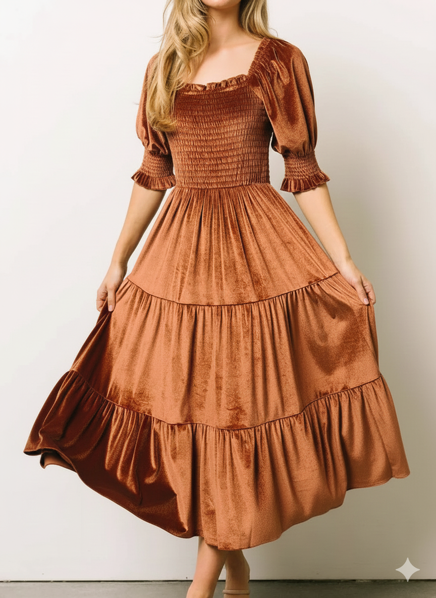 Velvet Smocked Tiered Midi Dress