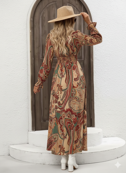 Smocked Printed V-Neck Flounce Sleeve Dress