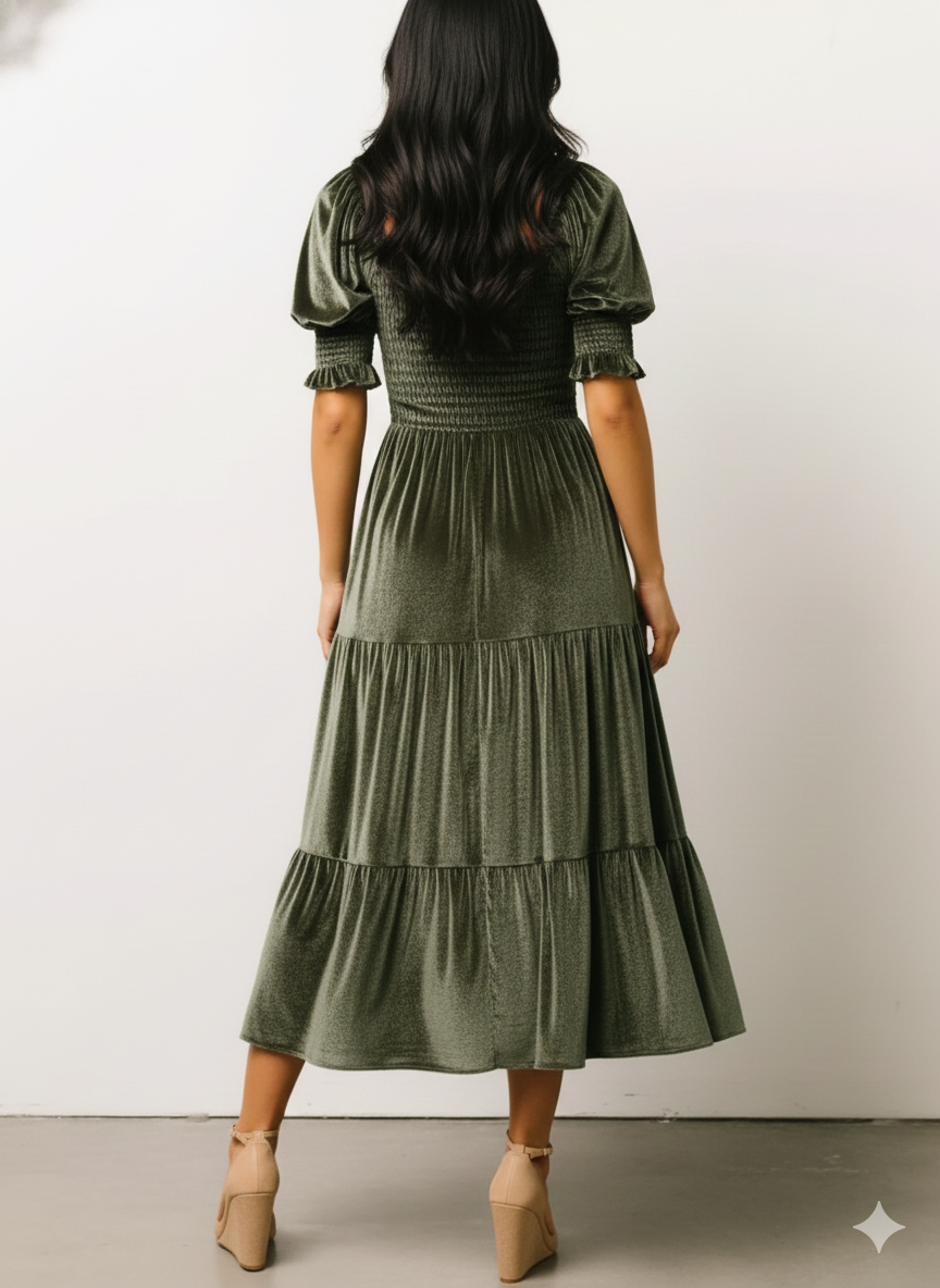 Velvet Smocked Tiered Midi Dress