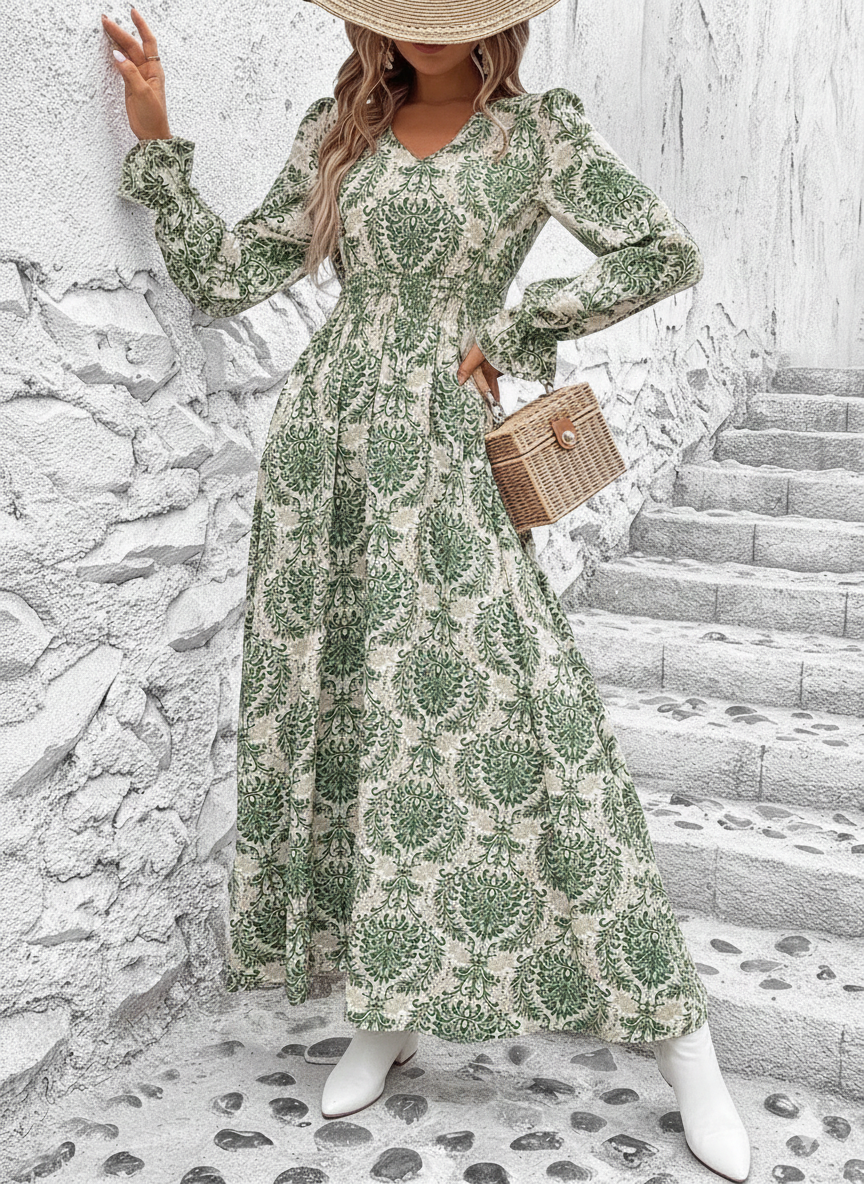 Smocked Printed V-Neck Flounce Sleeve Dress