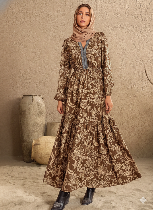 Ruched Printed Notched Long Sleeve Maxi Dress