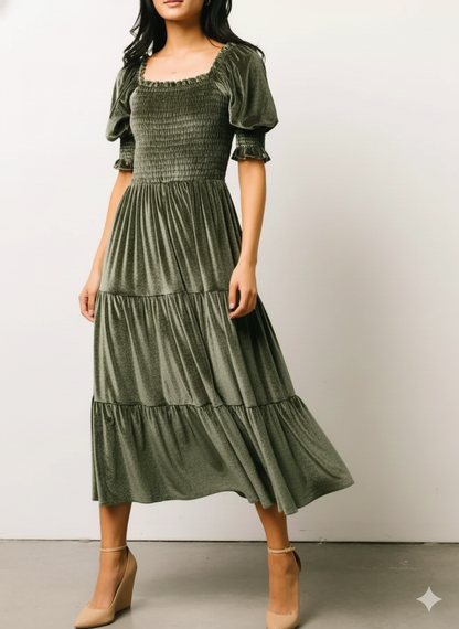 Velvet Smocked Tiered Midi Dress