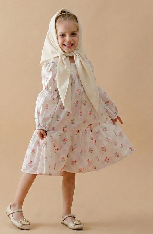 Girls Fashion Floral Long Sleeves Square Neck Dress