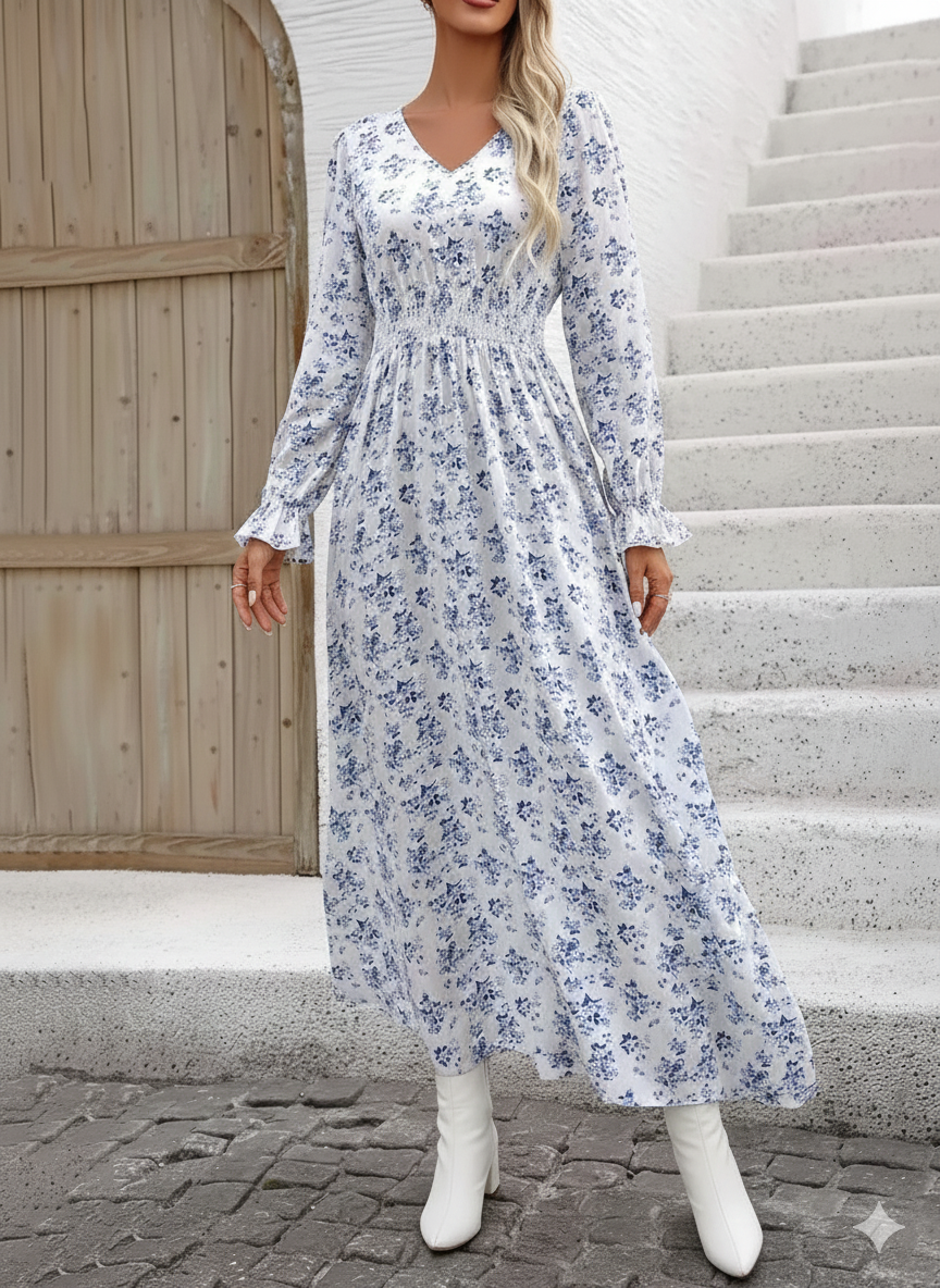 Smocked Printed V-Neck Flounce Sleeve Dress