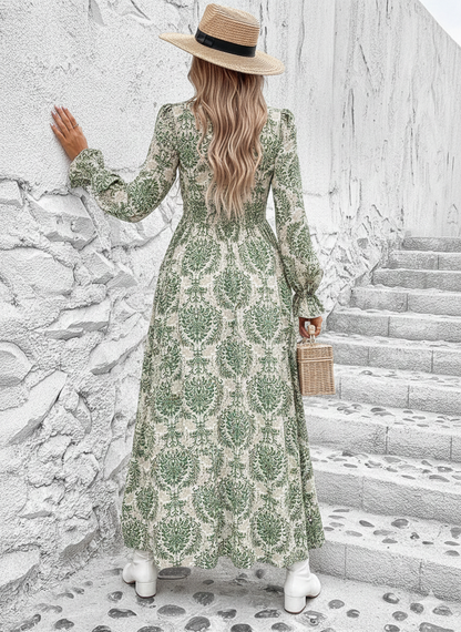 Smocked Printed V-Neck Flounce Sleeve Dress