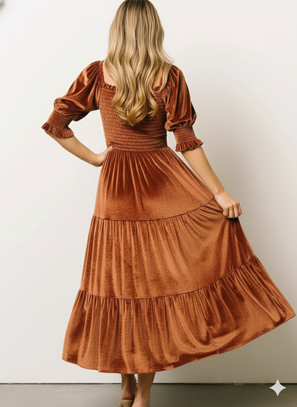 Velvet Smocked Tiered Midi Dress