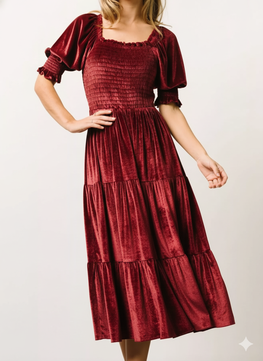 Velvet Smocked Tiered Midi Dress