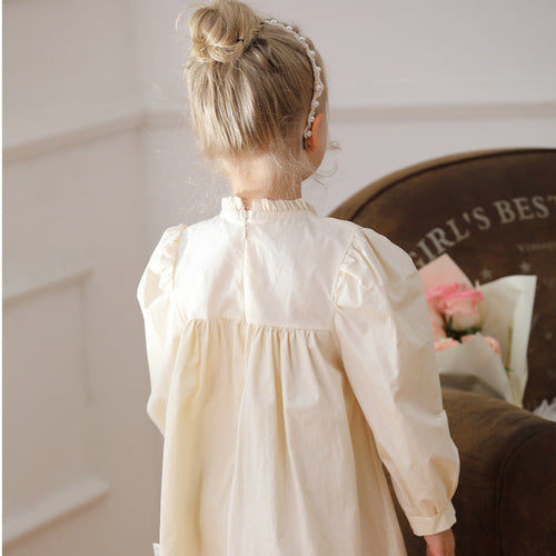 Girls Ruffle Neck Long Sleeves Flowers Embroidery Dress