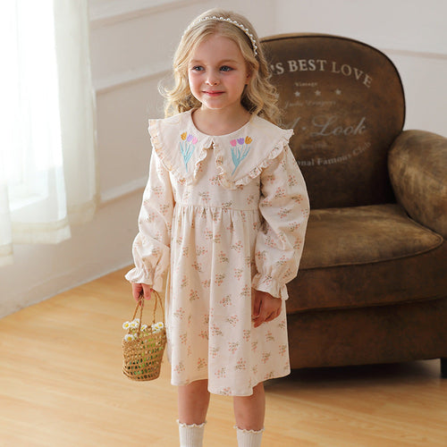 Girl's Flower Pattern Long-sleeved Dress for Stylish Girls