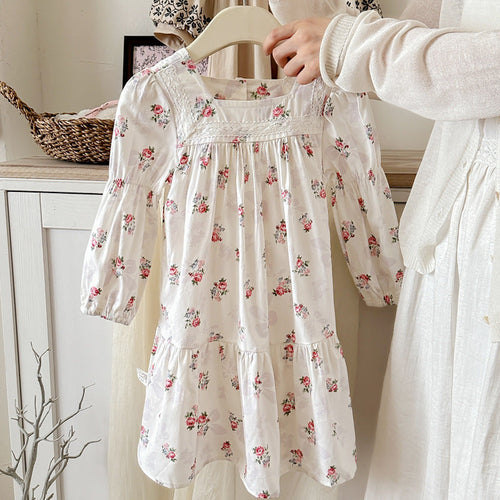 Girls Fashion Floral Long Sleeves Square Neck Dress