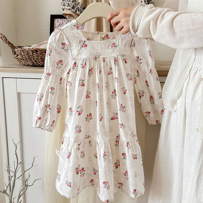 Girls Fashion Floral Long Sleeves Square Neck Dress