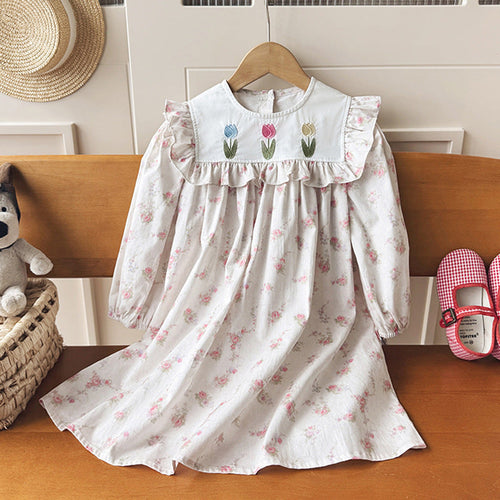 Girls Floral Pattern Long Sleeves Dress