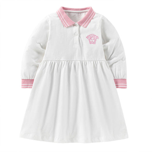 Baby Solid Color Lapel Design A-Line Long Sleeve Dress