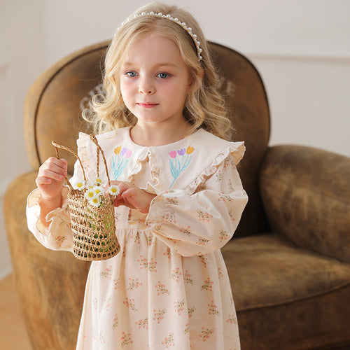 Girl's Flower Pattern Long-sleeved Dress for Stylish Girls