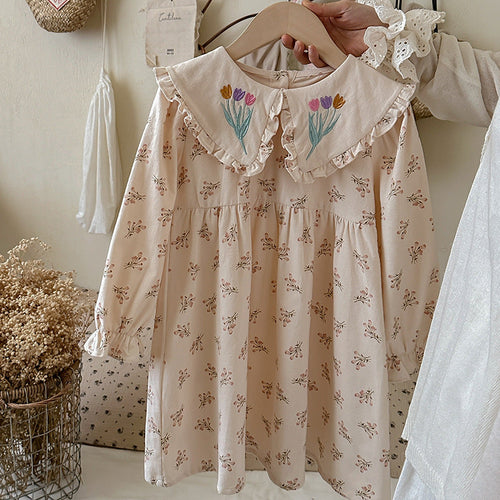 Girl's Flower Pattern Long-sleeved Dress for Stylish Girls