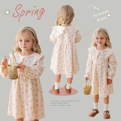 Girl's Flower Pattern Long-sleeved Dress for Stylish Girls